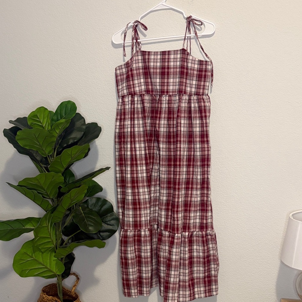 Maronie burgundy Red Plaid bow tie strap empire waist Dress Small 100% cotton